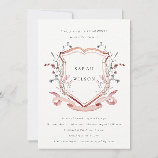 Pink Wildflower Watercolor Crest Bridal Shower Invitation (Front)