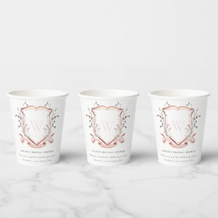 Pink Wildflower Watercolor Crest Bridal Shower Paper Cups