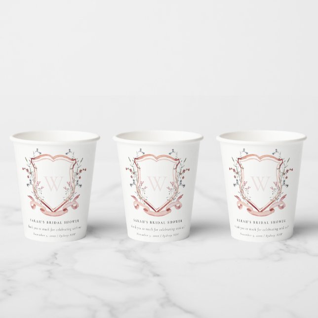 Pink Wildflower Watercolor Crest Bridal Shower Paper Cups (Multi)