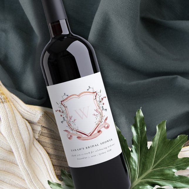 Pink Wildflower Watercolor Crest Bridal Shower Wine Label (Creator Uploaded)