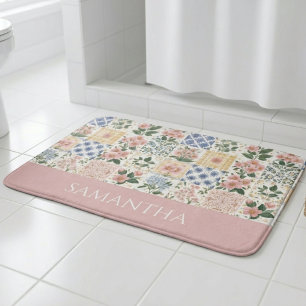 Pink Wildflower Watercolor Floral Name  Bath Mat