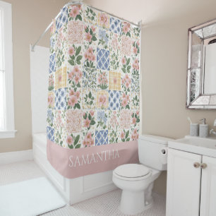 Pink Wildflower Watercolor Floral Name  Shower Curtain