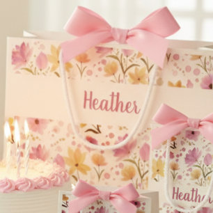 Pink Wildflower Watercolor Monogram Name Large Gift Bag