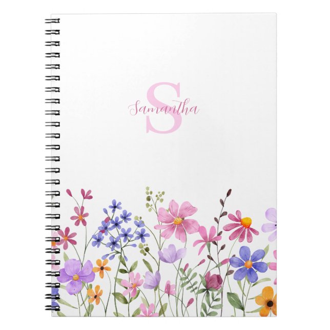 Pink Wildflower Watercolor Monogram Name Notebook (Front)