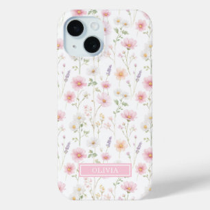 Pink Wildflower Watercolor Monogrammed iPhone 15 Case
