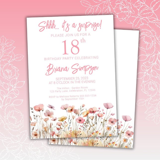 Pink Wildflowers 18th Surprise Birthday Party Invitation (Creator Uploaded)