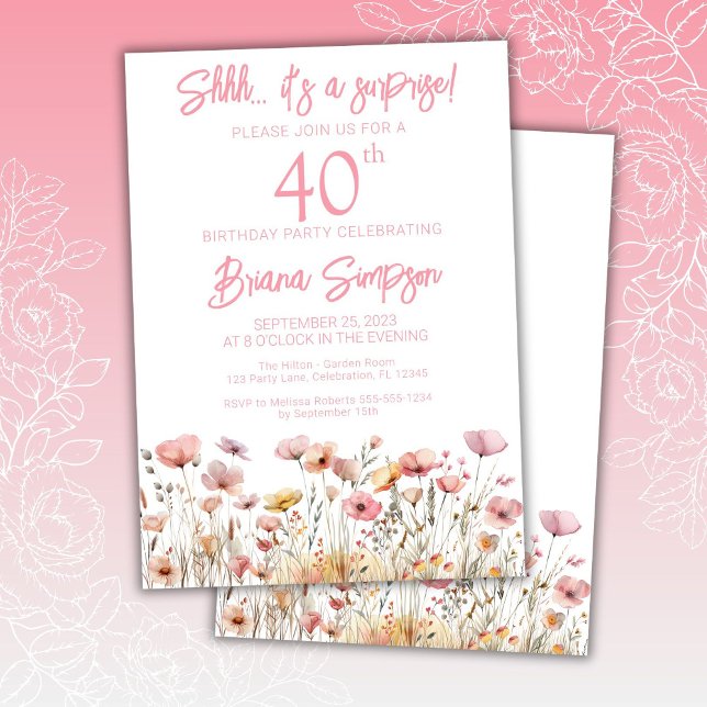 Pink Wildflowers 40th Surprise Birthday Party Invitation (Creator Uploaded)