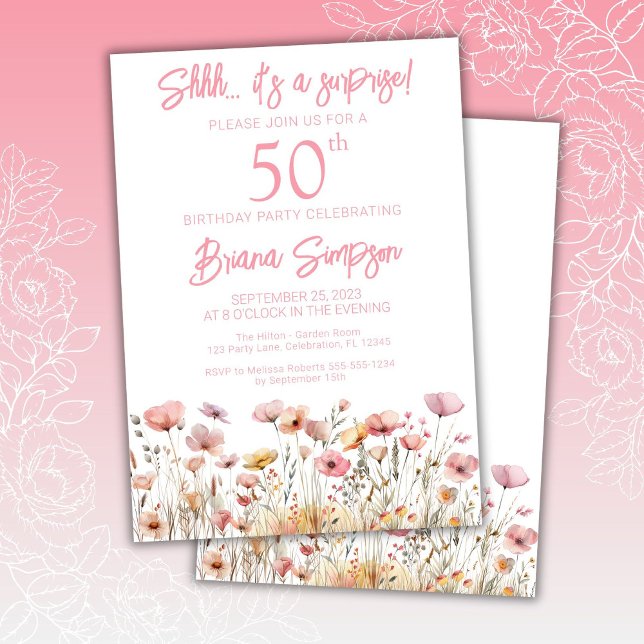 Pink Wildflowers 50th Surprise Birthday Party Invitation (Creator Uploaded)