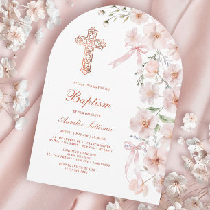Pink Wildflowers and Bows Arch Baptism Invitation