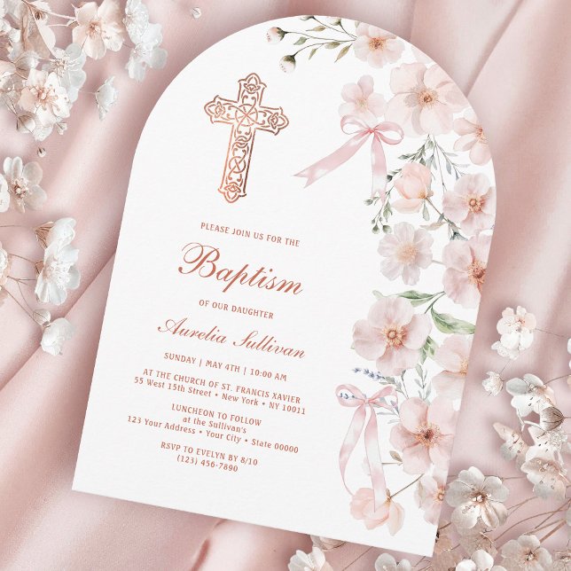 Pink Wildflowers and Bows Arch Baptism Invitation (Creator Uploaded)