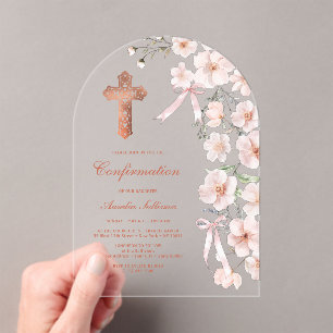 Pink Wildflowers and Bows Arch Confirmation Acrylic Invitations
