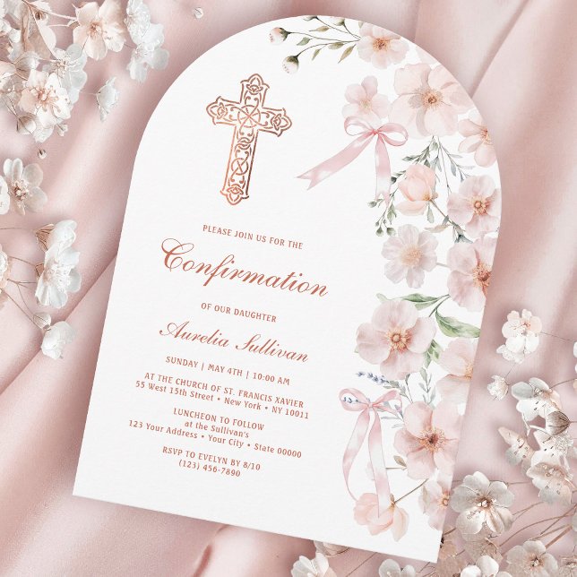 Pink Wildflowers and Bows Arch Confirmation Invitation (Creator Uploaded)