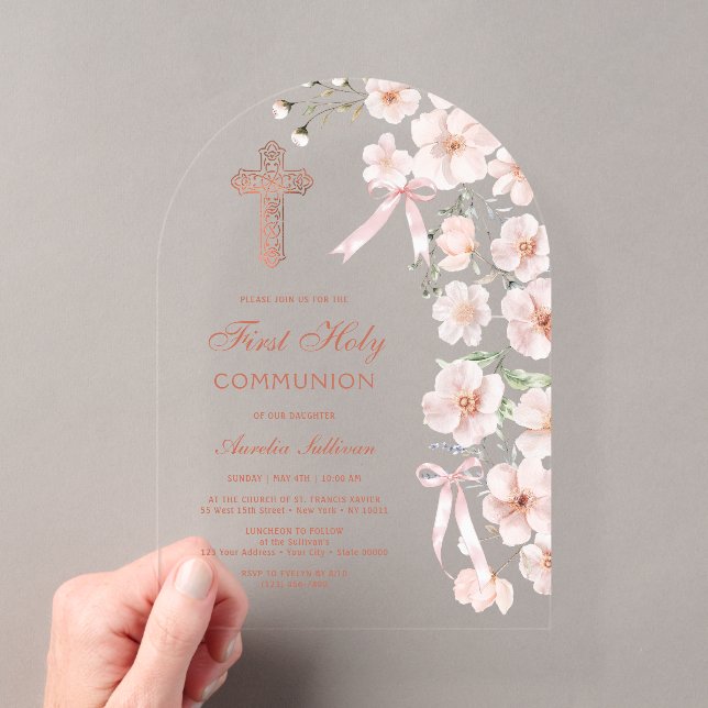 Pink Wildflowers and Bows Arch First Communion Acrylic Invitations (Insitu (Handheld))