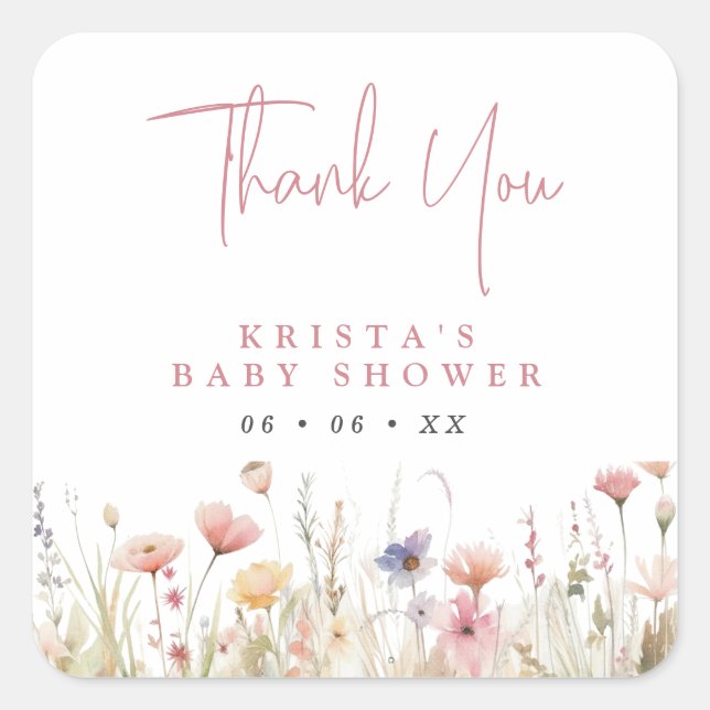 Pink Wildflowers Baby Shower Thank You Favour Square Sticker (Front)
