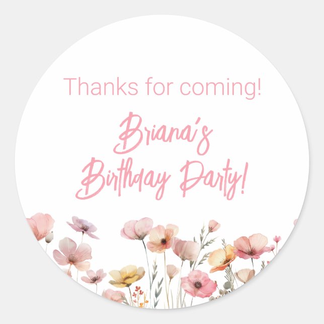 Pink Wildflowers Birthday Party Classic Round Sticker (Front)