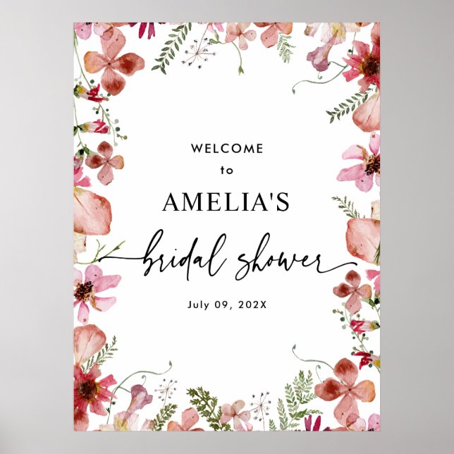 Pink Wildflowers Bridal Shower Welcome Sign Poster (Front)