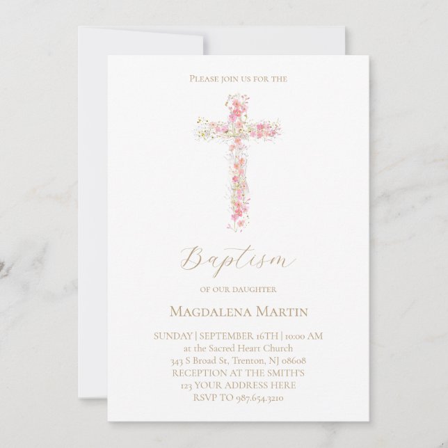 pink wildflowers cross | Baptism Invitation (Front)