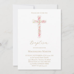 pink wildflowers cross Baptism Invitation