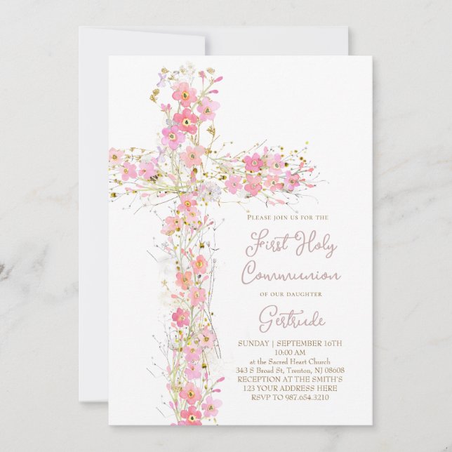 pink wildflowers cross First Holy Communion Invitation (Front)