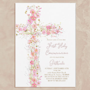 pink wildflowers cross First Holy Communion Invitation