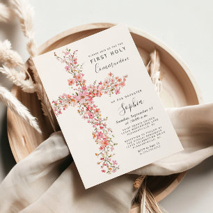 Pink Wildflowers Floral Cross First Communion Invitation