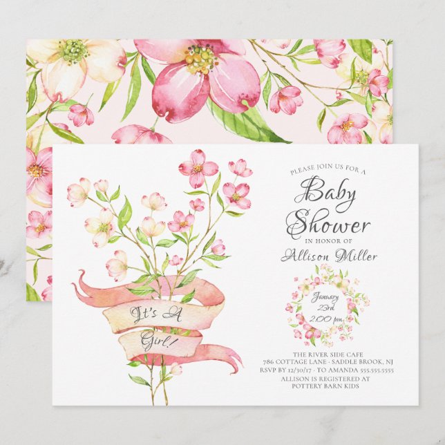 Pink Wildflowers Girls Baby Shower Invitations (Front/Back)