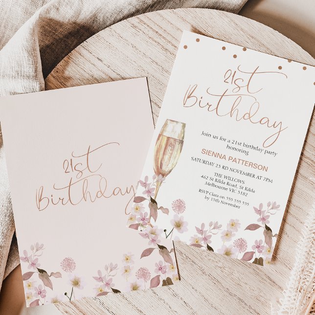 Pink Wildflowers Glass 21st Birthday Invitation (Wildflowers and champagne glass 21st birthday invitation also featuring a faux rose gold heading.)