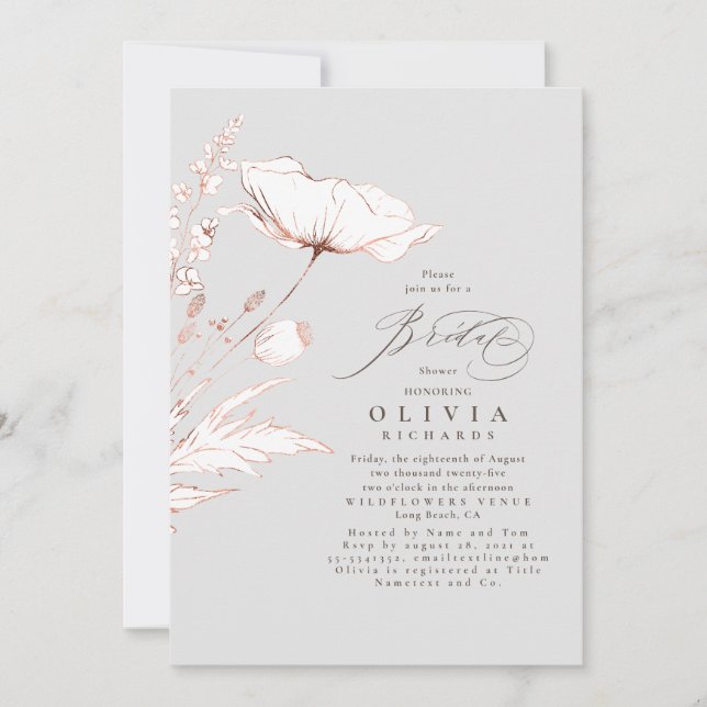 Pink Wildflowers Light Grey Chic Bridal Shower Invitation (Front)