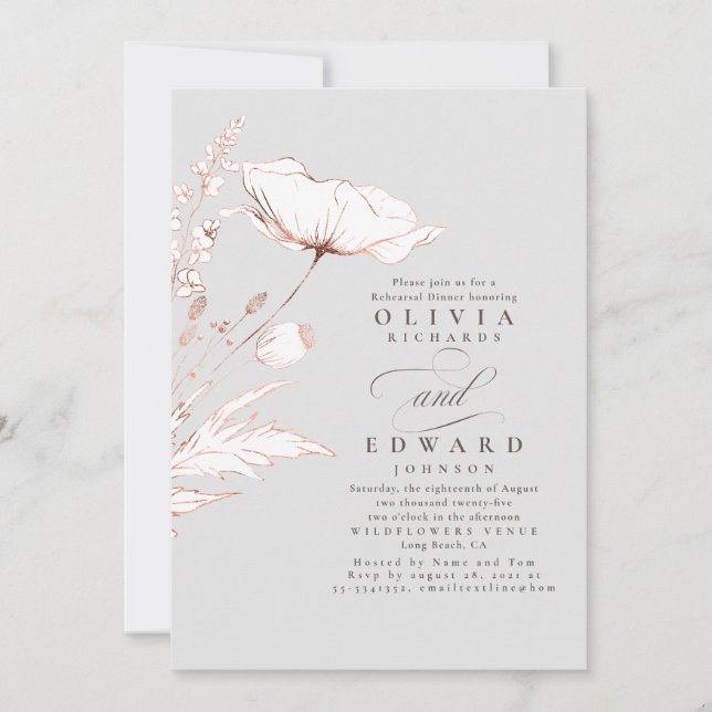 Pink Wildflowers Light Grey Rehearsal Dinner Invitation (Front)