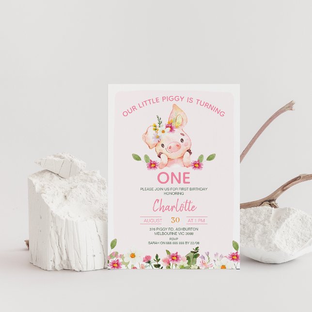 Pink Wildflowers Little Piggy 1st Birthday Party Invitation (Editable Pig Birthday Invitation, Little Piggy 1st Birthday Invite, Little pig, Pink Floral Piggy )