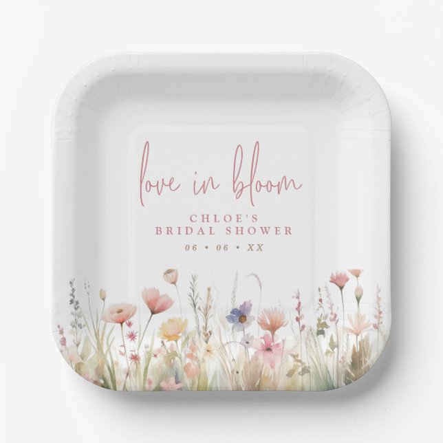 Pink Wildflowers Love In Bloom Bridal Shower Paper Plate (Front)