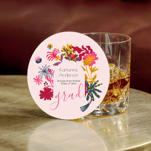 Pink Wildflowers Modern Arch Graduate Party Round Paper Coaster