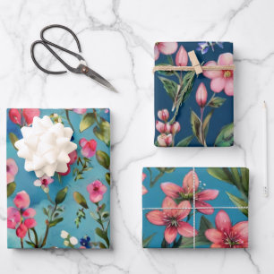 Pink wildflowers on blue background wrapping paper sheet