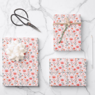 Pink Wildflowers on Ivory Wrapping Paper Sheet