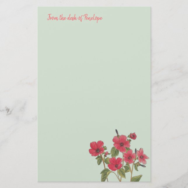 Pink Wildflowers on Sage Green with Name Floral Stationery (Front)