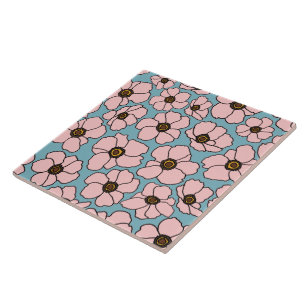 Pink Wildflowers On Teal Blue Tile