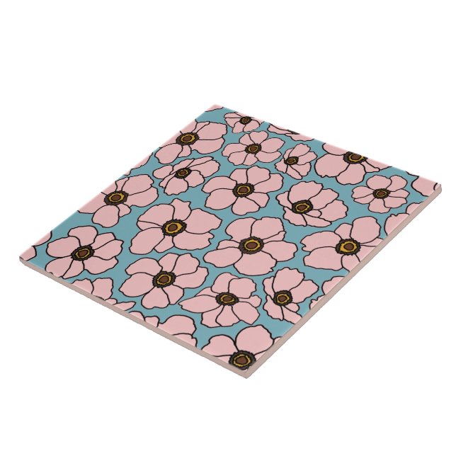 Pink Wildflowers On Teal Blue  Tile (Side)