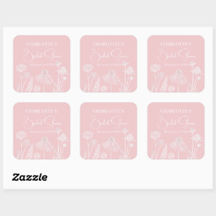 Pink Wildflowers Sketched Floral Bridal Shower  Square Sticker
