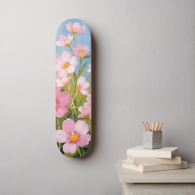 Pink Wildflowers | Watercolor Floral Painted Skateboard (Wall Art)
