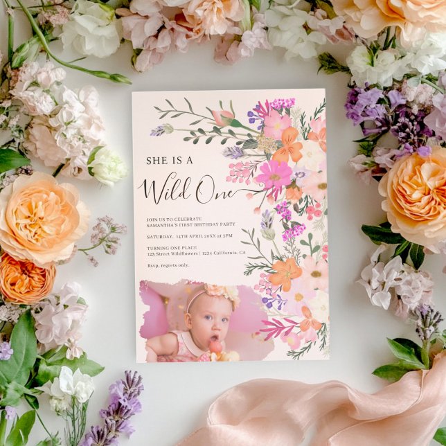 Pink Wildflowers Wild One Photo First Birthday Invitation (Pink Wildflowers Wild One Photo First Birthday Invitation)