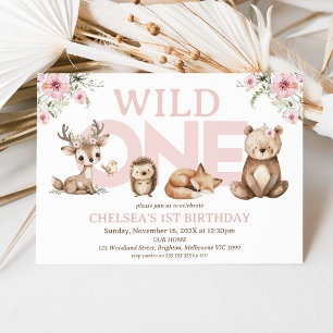 Pink Wildflowers Woodland Wild One 1st Birthday Invitation
