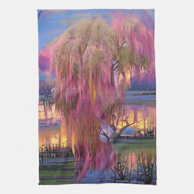 Pink Willow tree at sunset by the pond  Tea Towel (Vertical)
