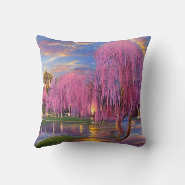 Pink Willow trees at sunset by the pond Cushion (Back)