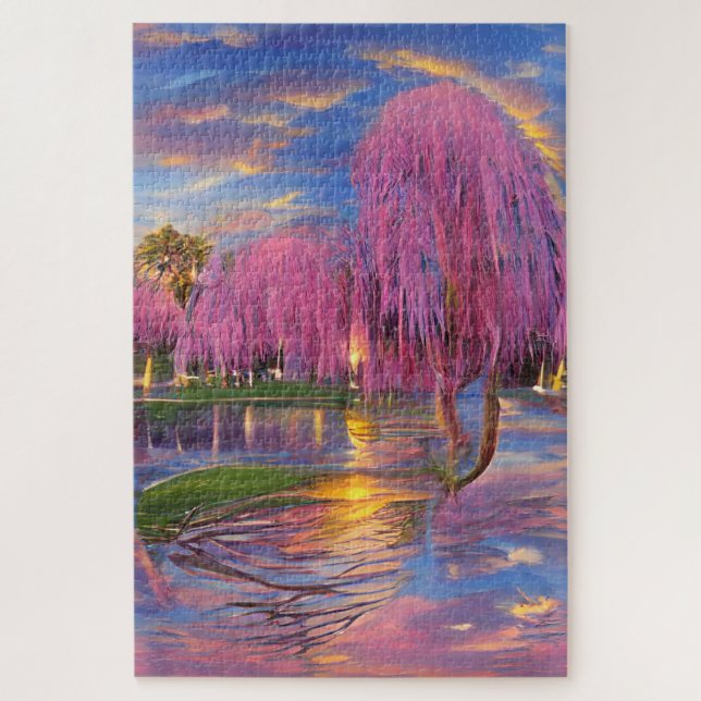 Pink Willow trees at sunset by the pond  Jigsaw Puzzle (Vertical)