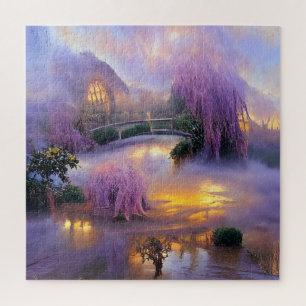Pink Willow trees at sunset by the pond Jigsaw Puzzle