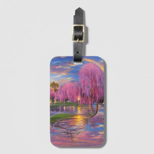 Pink Willow trees at sunset by the pond Luggage Tag
