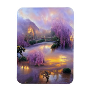 Pink Willow trees at sunset by the pond Magnet