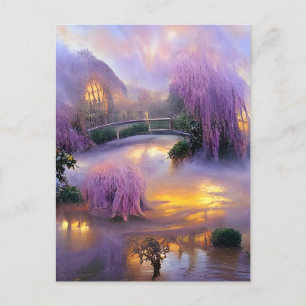 Pink Willow trees at sunset by the pond Postcard