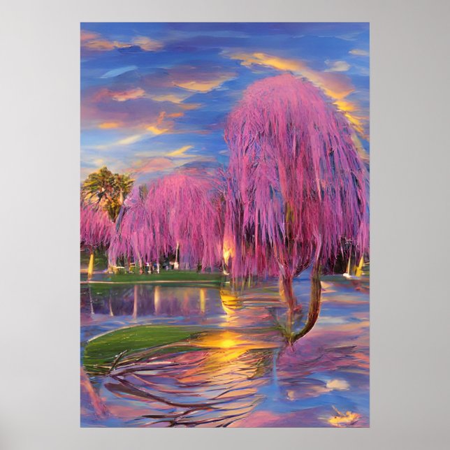 Pink Willow trees at sunset by the pond Poster (Front)