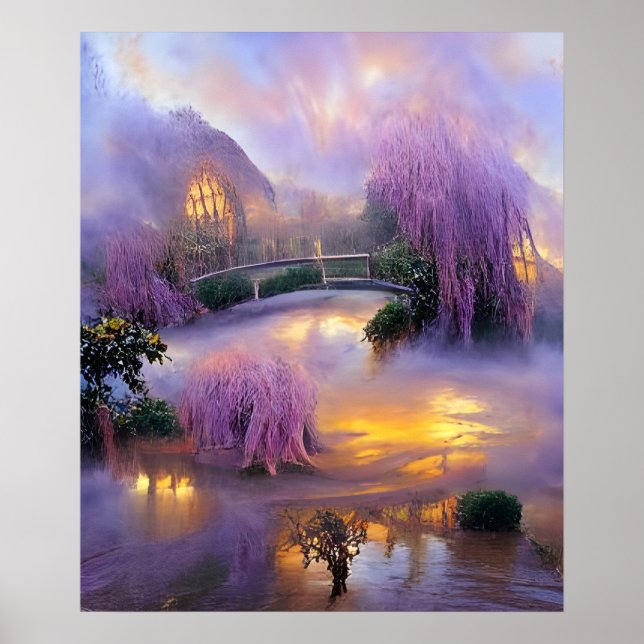  Pink Willow trees at sunset by the pond   Poster (Front)